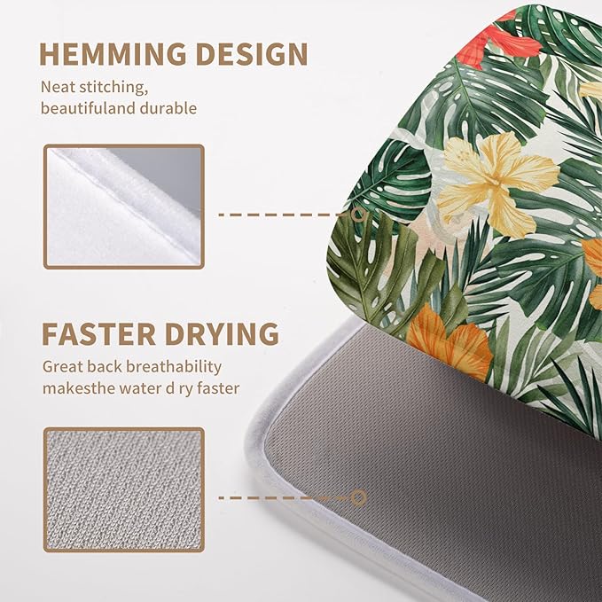 Wnoesat Tropical Leaves Flower Drying Mat for Kitchen Counter Summer Palm Leaf Drying Dish Mat Watercolor Herbs Dishes Pad Absorbent Fast Dry Kitchen Accessories 16x18 Inch