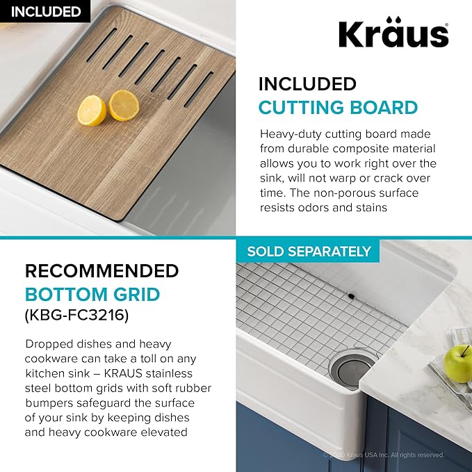 KRAUS Turino Workstation 33-inch Farmhouse Reversible Apron Front Fireclay Single Bowl Kitchen Sink with Accessories in Gloss White, KFR4-33GWH