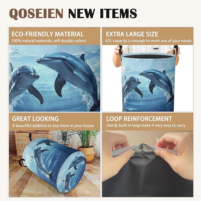 Ocean Dolphin Laundry Basket,Collapsible Laundry Baskets with Handles,Waterproof Oxford Cloth Storage Basket 16"x20" for Bathroom/Bedroom/Dormitories