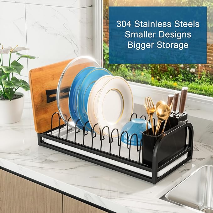 YEYPOP Black Dish Drying Rack Small for Kitchen Counter, 304 Stainless Steel Dish Rack w Tray & Cutlery Holder, Narrow Dish Drainer for Pots & Pans, Cutting Boards, Plates & Lids