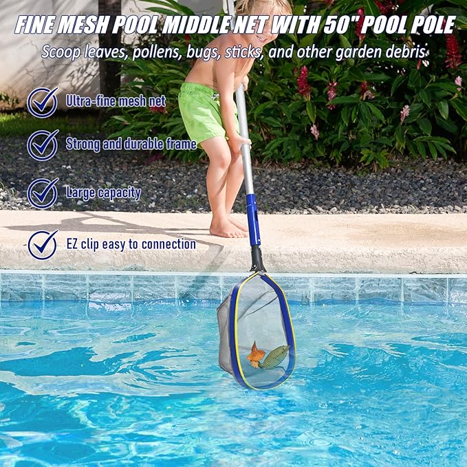 Poolvio Swimming Pool Cleaning Kit, 14'' Brush Head & 50'' Telescopic Aluminum Pole with Fine Mesh Skimmer Net - Perfect for Above Ground Pools, Spas, Hot Tub Fountains Blue (PK0140)