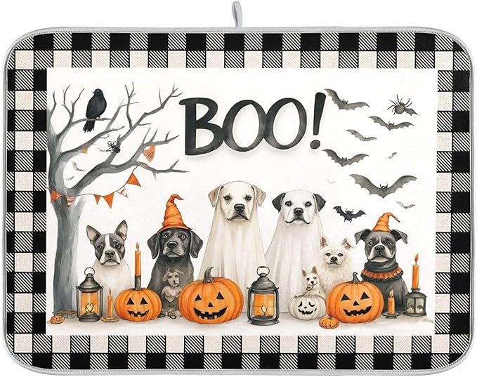 Halloween Dogs Dish Drying Mat for Kitchen Countertop 16x18 Raven Bat Pumpkin Black Buffalo Plaid Small Drying Mat Reusable Quick Dry Dish Sink Mats Easy Clean Decorative Essentials