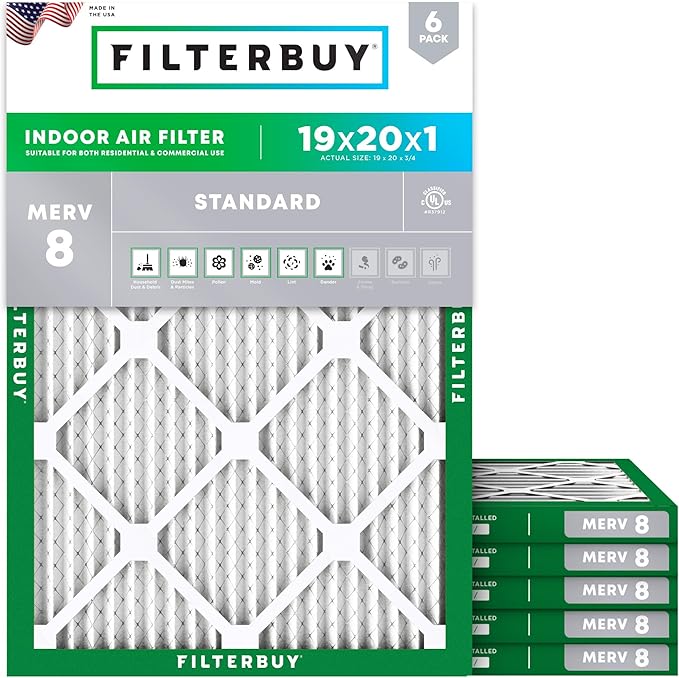 Filterbuy 19x20x1 Air Filter MERV 8 Essential Dust & Allergy Defense (6-Pack), Electrostatic Pleated HVAC AC Furnace Filters Replacement, Made in USA (Actual Size: 19.00 x 20.00 x 0.75)
