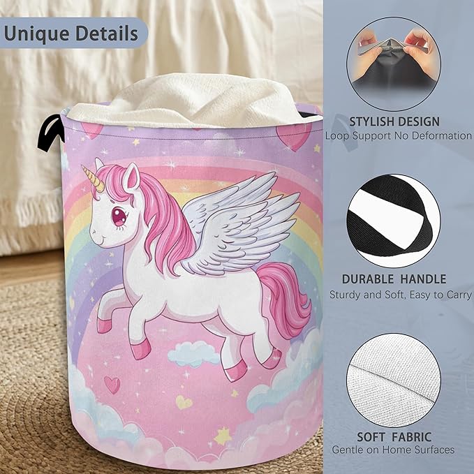 Cute Unicorn Laundry Basket,Rainbow Foldable with Handles Tote Bag Oxford Cloth for Bathroom Bedroom Dirty Clothes Storage Bucket 16" x 20.8"