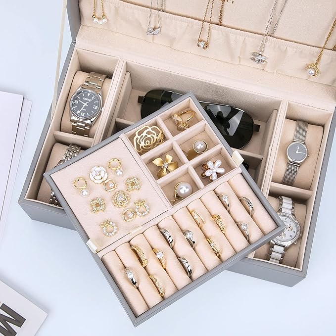 LANDICI Jewelry Box Organizer for Men Women, 2 Layer 4 Slot Watch Storage Case with Removable Tray, PU Leather Large Jewellery Holder Display for Watches Sunglasses Rings Earrings Necklace, Grey