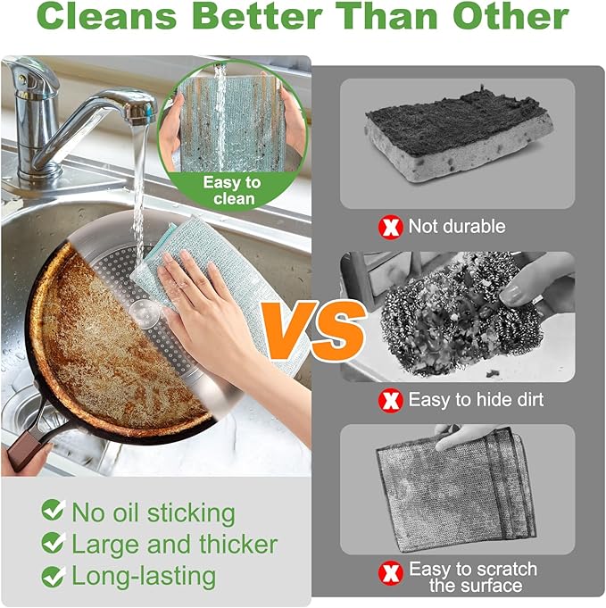 Jeymei 10counts Non Scratch Wire Dishcloth Multipurpose Wire Dishwashing Rag for Washing Dishes,Double Layer Microfiber Cleaning Cloth,Reusable Diamond Weave Steel Wool Scrubber Cloths,Blue