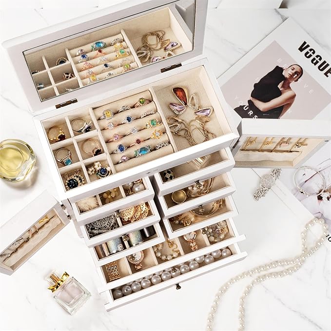Emfogo Jewelry Box for Women Wooden Jewelry Boxes & Organizers 5-Layer Rustic Large Jewelry Organizer Box with Mirror & 8 Drawers for Rings Earrings Necklaces Bracelets Women Girls Gifts