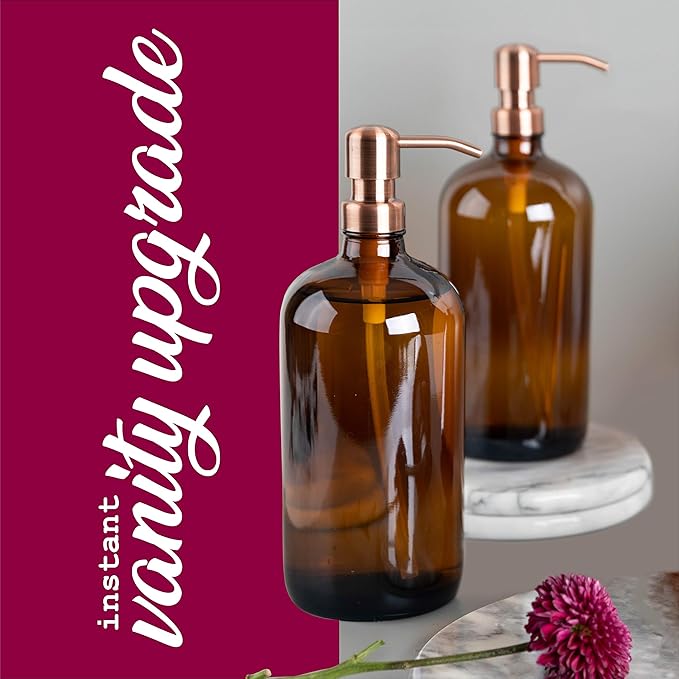 Kitchentoolz Large Pump Bottle - 32 Ounce Glass Shampoo and Soap Dispenser - Amber