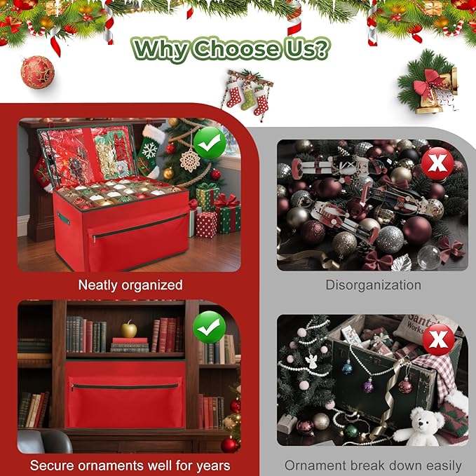 WDZREE Large Christmas Ornament Storage Box, Stores Up to 72-4" Ornaments Balls, 3 Individual Trays with Adjustable, Christmas Container Perfect for Holiday Decorations, 600D Oxford Fabric Tear-Proof