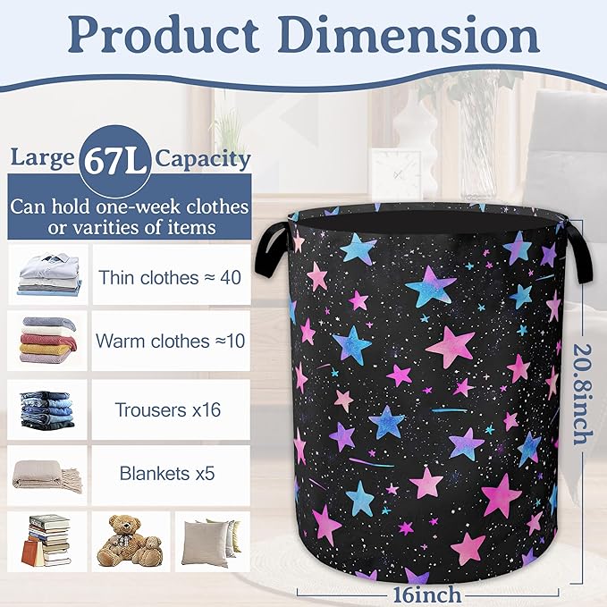 Blue Pink Stars Laundry Basket,Oxford Cloth Laundry Hamper With Handle Foldable Portable Clothes Storage Basket for Laundry Room/Bedroom/Bathroom 20.8"x16"