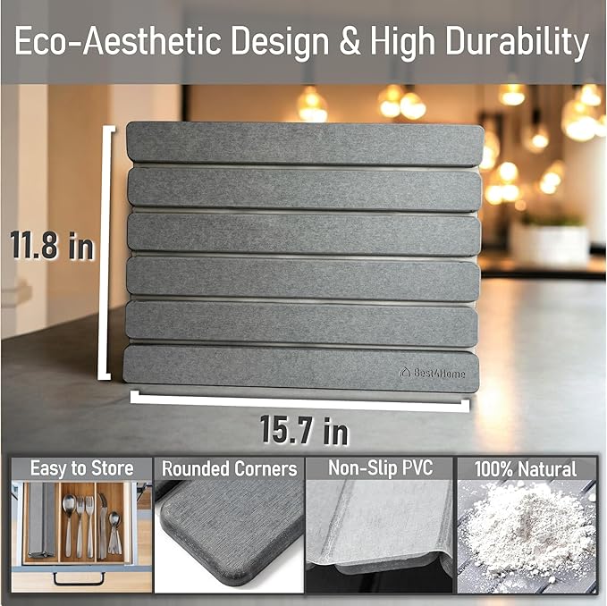 BEST4HOME Stone Drying Mat for Kitchen Counter - Grey 12x16In Dish Drying Mat - Foldable Diatomite Stone Dish Rack - Absorbent Diatomaceous Earth Non-Slip Tray for Bathroom
