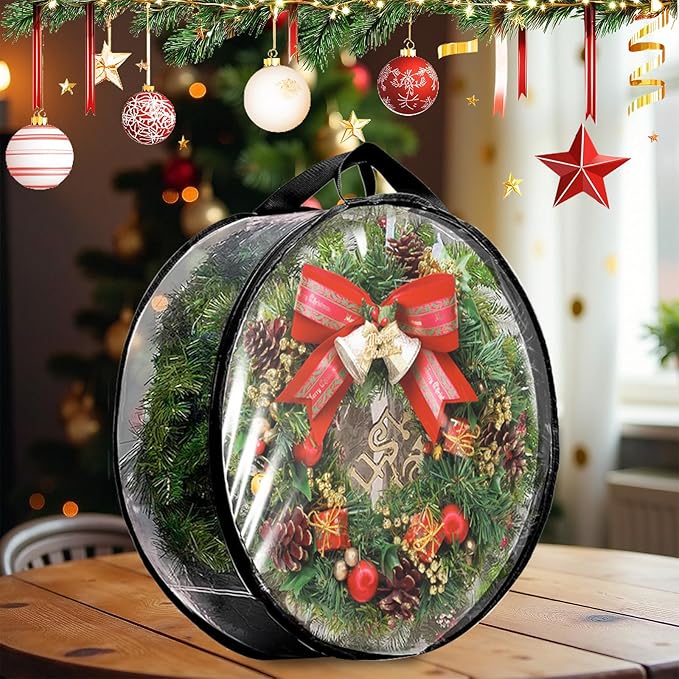4 Pack Wreath Storage Container Bag 30 Inch Christmas Wreath Storage Bag Heavy Duty Christmas Wreath Boxes with Clear Window for Xmas Holiday Seasonal Wreath Garland (Black)