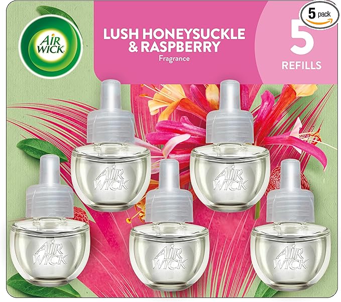 Air Wick Plug in Scented Oil Refill, 5 ct, Lush Honeysuckle and Raspberry, Air Freshener, Essential Oils, Spring Collection
