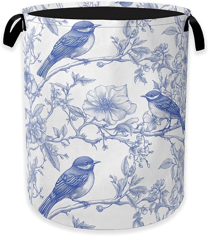 Collapsible Laundry Basket,Blue Birds Dirty Clothes Hamper,Spring Flower Hampers for Bedroom Waterproof Oxford Cloth Storage Organizer for Bathroom,Nursery,Dorm,16x20 Inch
