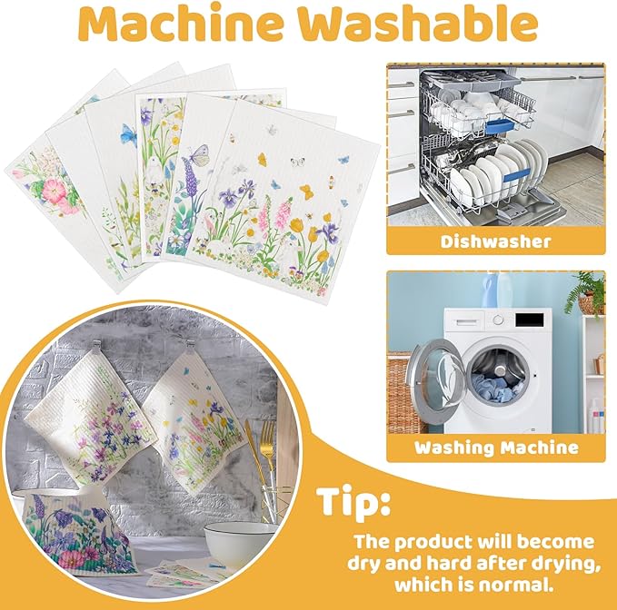 Needbrock 6 Pack Swedish Dishcloths for Kitchen, Absorbent Dish Cloths Swedish Rags Dish Towels with Adhesive Clips, Reusable Paper Towels No Odor for Cleaning Kitchen Valentines Gifts for Women