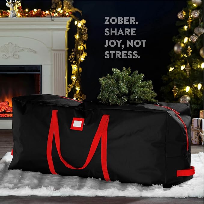 ZOBER 600D Oxford Fabric Large Christmas Tree Storage Bag - Fits 9 Ft Artificial Trees - Tear Proof Waterproof Christmas Tree Bag For Storage Box For Xmas - Strong, Durable Handles - Card Slot - Black
