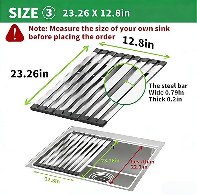 Miao Steward Over The Sink Kitchen Dish Drying Rack Organizer - Stainless Steel Collapsible Non-Slip Space-Saving [23.26 * 12.8IN] - Rust-Resistant Heat-Resistant Sturdy - Easy to Clean