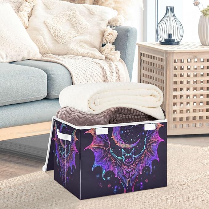 senya Halloween Baskets Collapsible Storage Bins with Lids, Neon Bat Crescent Storage Boxes Clothes Baskets for Organizing, B06D22020