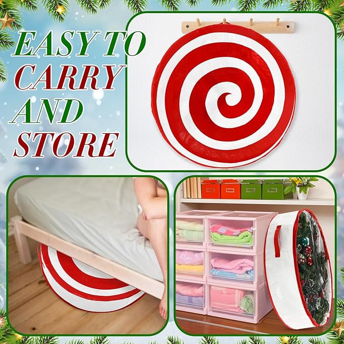 4 Pcs 36 Inch Christmas Wreath Storage Bag Candy Cane Wreath Storage Container Clear Window Dual Zipper Handle Red White Peppermint Garland Organizer for Holiday Decoration, Classic Lollipop