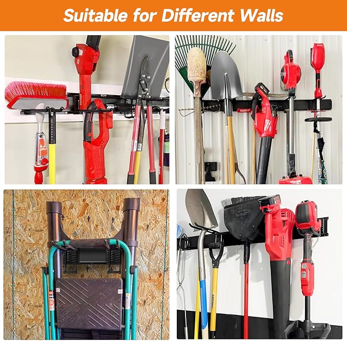 Garden Tool Organizer Wall Mount, Heavy Duty 48 Inches Garage Organization and Storage Racks for Yard Tools with 6 Hooks, Tool Hangers Holders for Hanging Folding Chair, Rake and Shovel