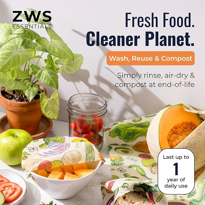 ZWS Essentials Beeswax Wraps, Reusable Cotton Food Storage Set for Kitchen, Lunch, Bread, Snacks, Bowls. Eco-Friendly Plastic-Free Alternative. 3-Pack Assorted - Veggies by Zero Waste Store