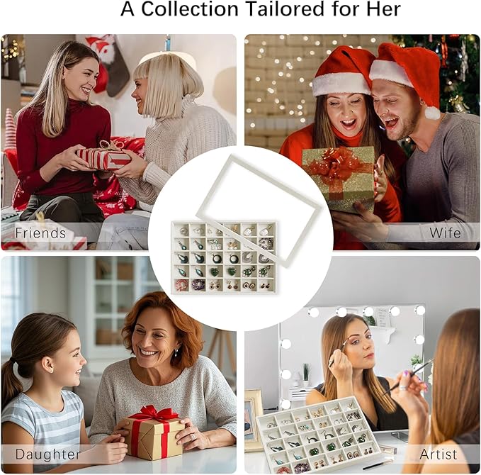 Wudygirl Jewelry Organizer Stackable Jewelry Tray for Drawer Velvet Earring Holder Organizer with Lid Dust-proof Earring Case Ring Storage for Women Drawer Inserts 30 Grid (Beige)