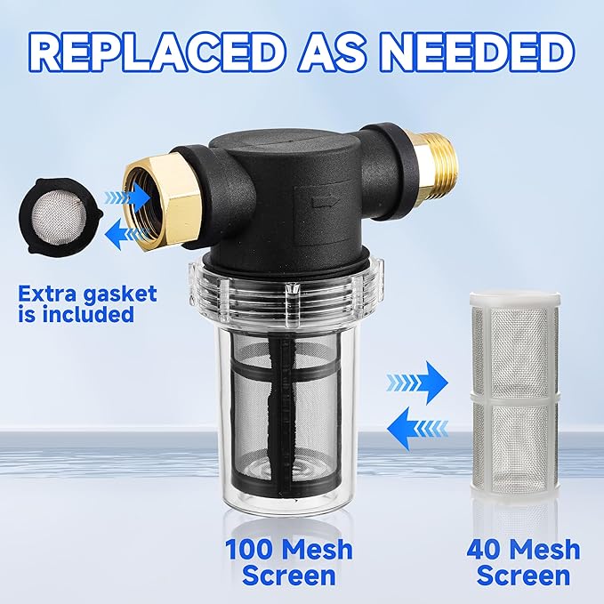 M MINGLE Garden Hose Filter for Pressure Washer Inlet, Inline Sediment Water Filter Attachment with 100 Mesh and 40 Mesh Screen, 2 Pcs