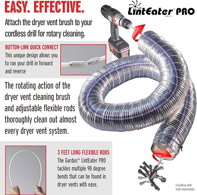 Dryer Vent Duct Cleaning Kit - Gardus RLE208 LintEater Pro Rotary Dryer Vent Cleaner Kit, Removes Lint, Extends Up to 12’, Dryer Duct Cleaning Kit, Forward & Reverse Cleaning, Air Duct Cleaning Tools