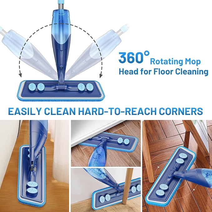IOPRETTY Microfiber Hardwood Floor Mop - Wet Dry Spray Mop with 4 Washable Pads for Tile Wood Laminate Vinyl Marble Home Kitchen - 500+ ML Refillable Bottle Dark Blue