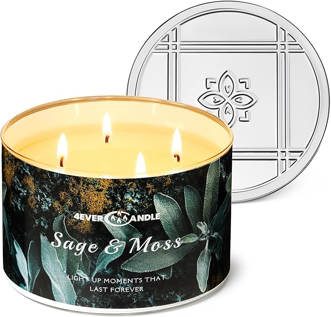 4EVER Scented Candles | 4-Wick 18oz Soy Wax Candle | Up to 50Hrs Clean Burn | Aromatherapy Candles for Home Scented | Gifts for Women & Mom, Sage & Moss