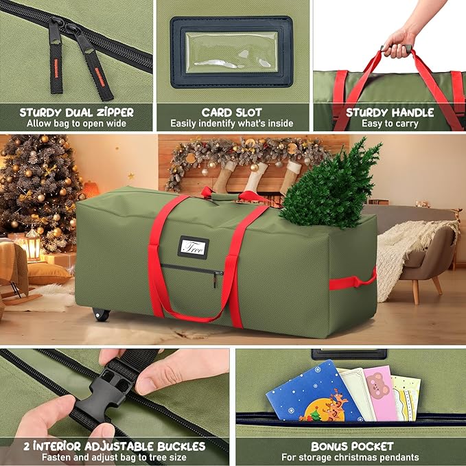 Mrrihand Christmas Tree Storage Bag, Large Artificial Anti-Tear Heavy-Duty 600D Oxford Cloth Xmax Christmas Tree Storage Box with Rolling Wheels, Christmas Tree Storage Container (Army Green&Red, 9Ft)