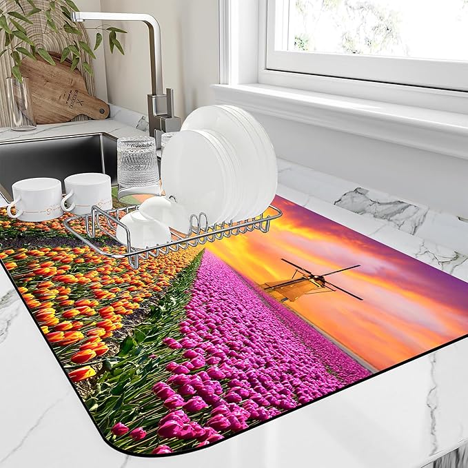 Kitchen Mat Sunrise Tulip Field Dish Drying Mat 12"x19" Bsorbent Coffee Maker Mat for Sink Dishes or Under Rack Kitchen Counter Accessories Absorbent Hide Stain Rubber Backed Dish Drying Pad
