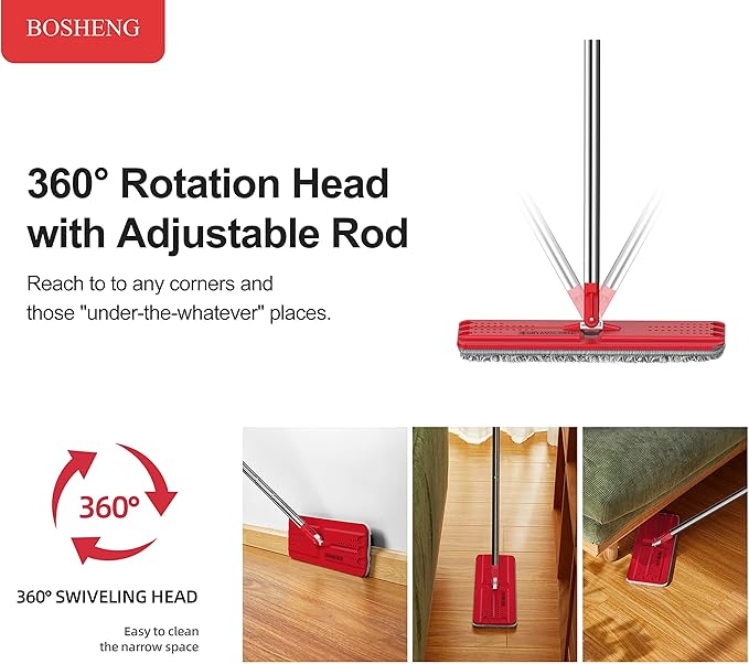 BOSHENG Mop and Bucket with Wringer Set, Flat Mop and Bucket, Squeeze Floor Mop with 3 Washable Microfiber Mops, Wet and Dry Use, Household Cleaning Tools, for Hardwood Floor, Laminate, Tile