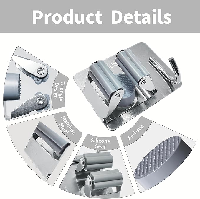 5 Pack Mop and Broom Holder Wall Mount, Silver Stainless Steel Mop and Broom Hanger with Hooks, Mop Broom Organizer for Closet Laundry Garage Garden Tool Organizer (Silver)