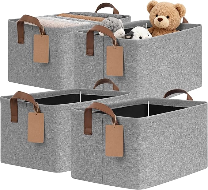 CHICVITA 4 Pack Storage Baskets for Shelves, Foldable Fabric Storage Bins with Metal Frame Handles, Closet Organizer Bins for Toys Blankets, 14.8" x 10.3" x 8.3", Gray