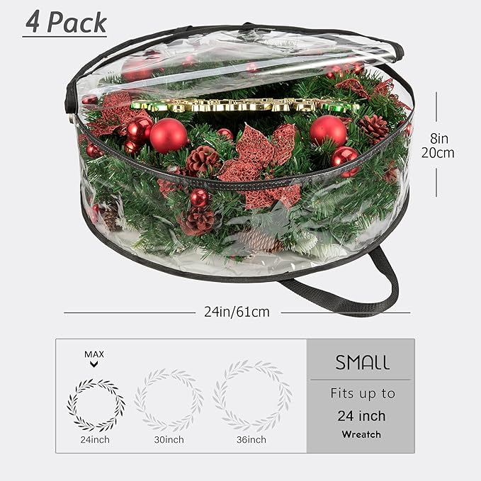 CINPIUK Clear Wreath Storage Bag 24 Inch Christmas Wreath Storage Container, Heavy Duty Wreath Protector with Handle for Holiday Seasonal Wreath Garland, 4Pcs