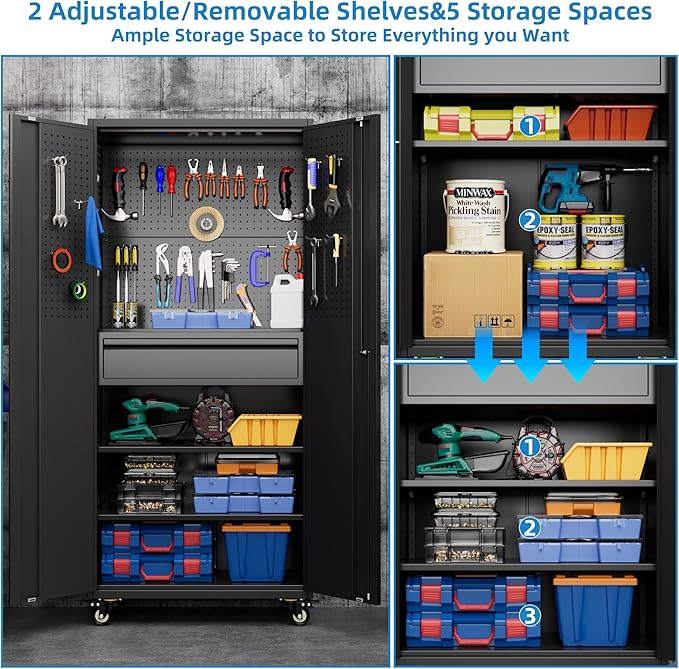 Garage Storage Cabinet with Wheels and Doors,Lockable Metal Storage Cabinet with Drawer Pegboard and Hooks for Garage Warehouse Home,Required Assembly,Black,71" H×15" D×30" W
