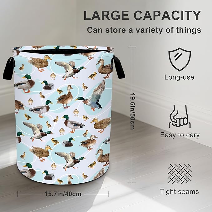 Green Duck Laundry Basket Storage Bin Foldable Laundry Hamper Clothes Storage Bucket Organizer 19.6x15.7 Inch For Laundry Room/Bedroom/Bathroom