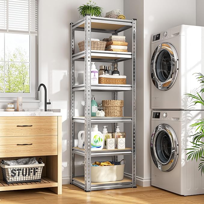 REIBII Storage Shelves 6 Tier Garage Shelving Heavy Duty Metal Shelving Loads 2250LBS Adjustable Garage Shelves for Pantry Closet Kitchen Basement 16" W x 16" D x 72" H, Silver