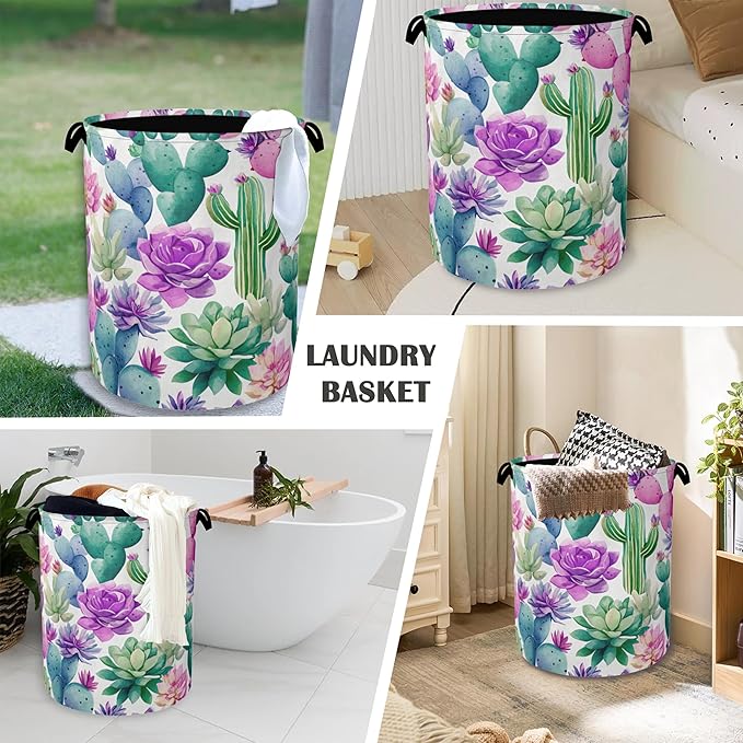 Cactus Succulents Laundry Basket,Foldable Oxford Cloth Tote Bag Laundry Hamper Clothes Storage Bucket Organizer for Bedroom Laundry Storage Dormitories 16" x 20.8"