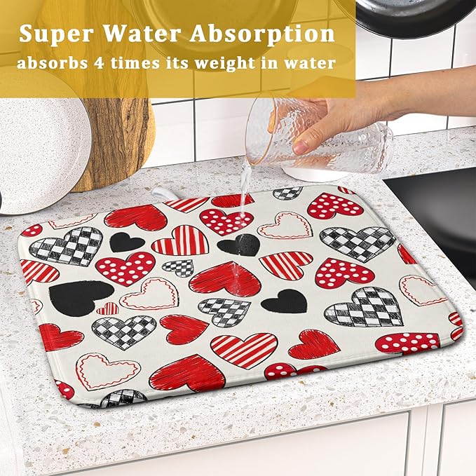 Valentines Day Dish Drying Mat for Kitchen Counter 18x16 Inch Red Heart Drying Mat with Absorbent Reversible Microfiber Holiday Love Dish Drainer Mats Rack Pad for Coffee Countertop Protector