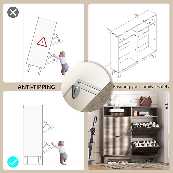 Shoe Cabinet Storage for Entryway with 4 Flip Drawers, Fluted Narrow Shoe Organizer with Wooden Legs & Top Cubby, Freestanding Slim Shoe Storage Hidden Shoe Rack for Front Door Entrance, Grey