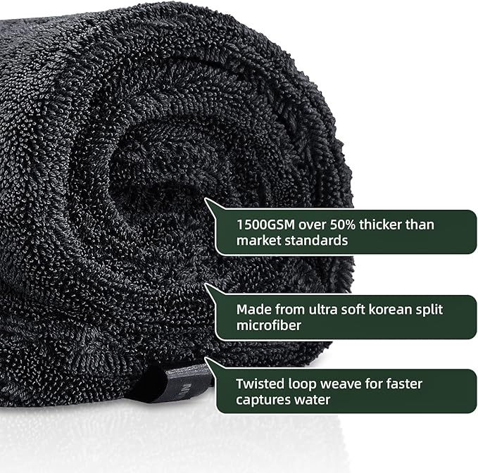 RYCELYSIAN 24" x 36" Twisted-Loop Car Drying Towel, 1500GSM Microfiber Cleaning Cloth for Car, Trucks, Motorcycles, Streak Free, Lint Free, Ultra Absorbent Washing Cloth for Kitchen, Window (Grey)