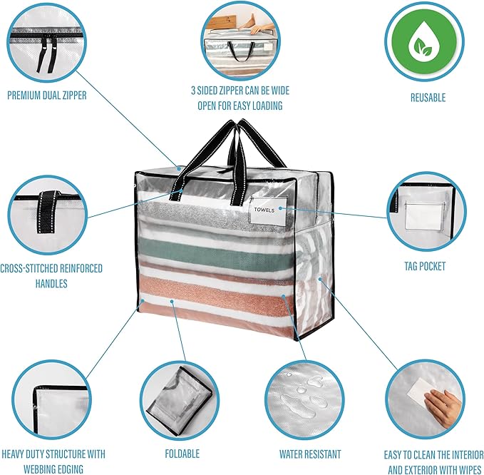 VENO 4 Pack Moving Bags, Christmas Storage Containers, Storage Totes, Zipper On Top, Sturdy, Storage Bags for Camping, Clothes, Bedding, Comforters, Pillows (13 Gallon Clear, 4 Pack)