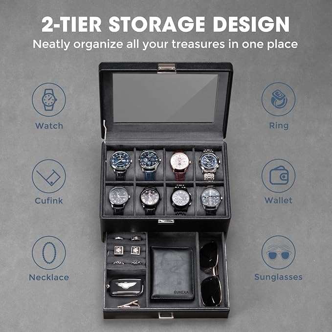 ProCase Watch Box for Men, Jewelry Organizer Box with Drawer, Display Storage Case with Glass Lid -Black, 8 Slot