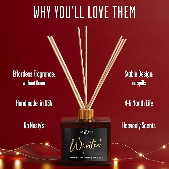 Winter Diffuser, Christmas Diffuser - w/Cinnamon, Clove & Orange I Infused w/Essential Oils I3.75 OZ Oil I Christmas Décor I Long-Lasting Scent Lasts 4-6 Month's I Made in The USA