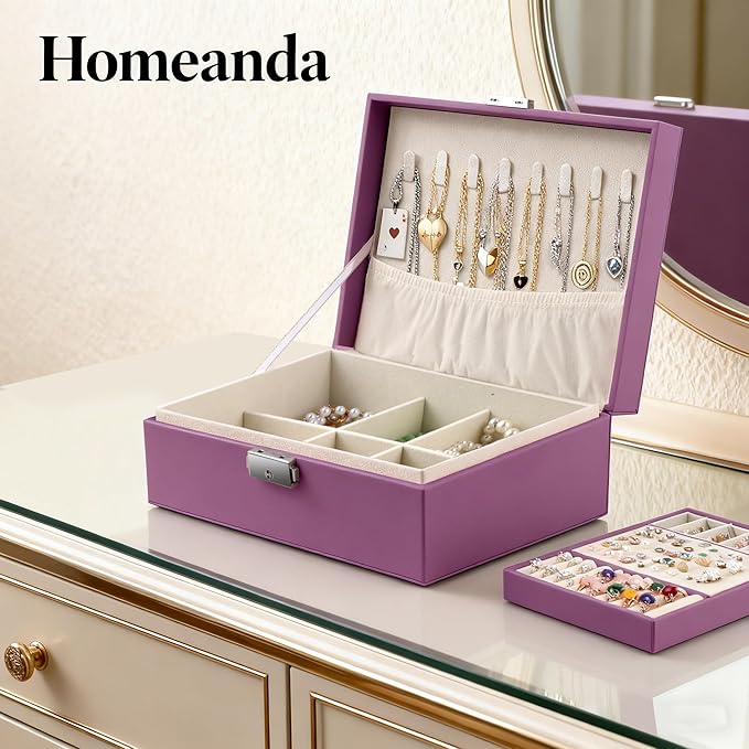Homeanda Jewelry box 2 layer Jewelry box Leather Jewelry boxes for Women Girls Teens Jewelry organizer box Jewelry Storage box with lock(Purple)