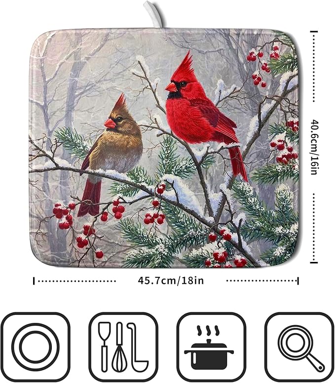 Red Bird Dish Drying Mat Merry Christmas Dishes Pad Absorbent Fast Dry Dish Drainer Mat Protector for Kitchen Counter 16 x 18 Inches