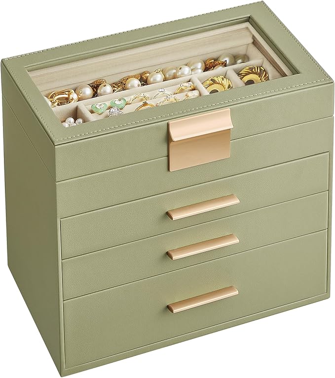 SONGMICS Jewelry Box Organizer with Glass Lid, 4-Layer Jewelry Storage, with 3 Drawers, Modern Style, 6 x 9.9 x 8.5 Inches, Laurel Green and Gold Color UJBC161C02