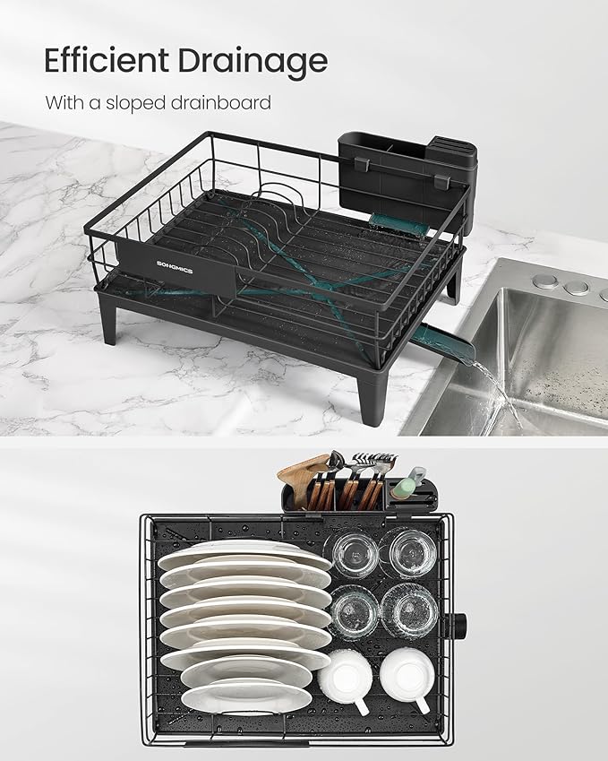 SONGMICS Dish Drying Rack, Kitchen Dish Rack, with Drainboard, 360° Rotatable and Extendable Spout, with Cutlery Holder, 12.2 x 16.5 x 7.3 Inches, Ink Black UKCS550B01